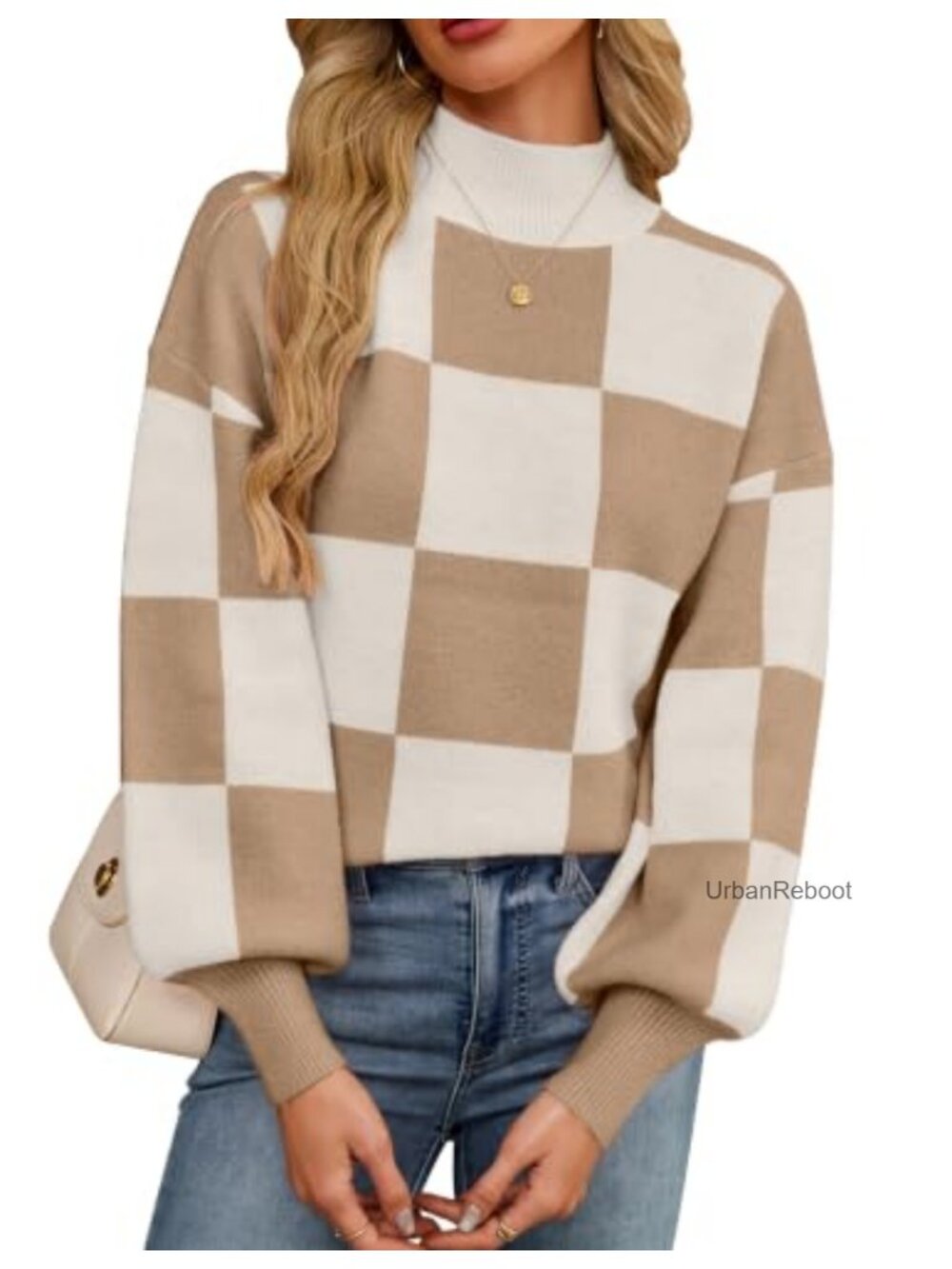 Oversized Checkered Mock Neck Knit Pullover Sweater
